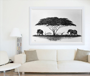 A Nicky van Rensburg painting of elephants and giraffes under an umbrella thorn tree