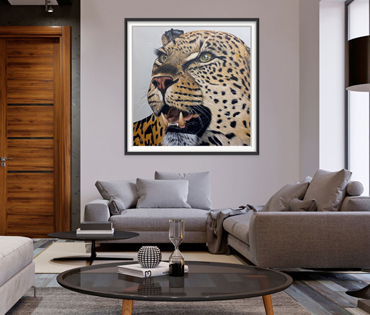 A Nicky van Rensburg painting of a leopard face