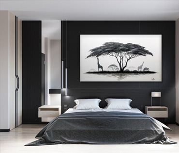 A Nicky van Rensburg painting of two giraffes under an umbrella thorn tree