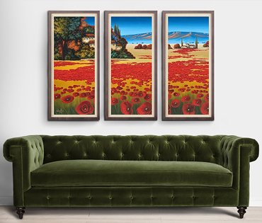 A Nicky van Rensburg painting of a tuscany scene with red poppies