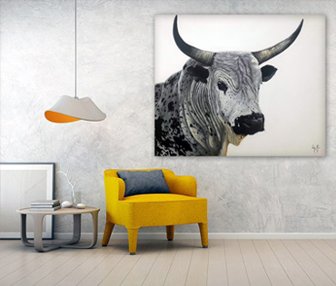A Nicky van Rensburg painting of a nguni bull with a white background