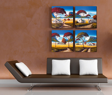 A Nicky van Rensburg set of four small paintings of colourful landscapes