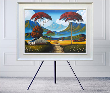 A Nicky van Rensburg painting of a colourful landscape with umbrella thorn trees and a farmhouse