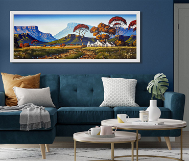 A Nicky van Rensburg painting of a colourful landscape with Acacia trees and a farm house