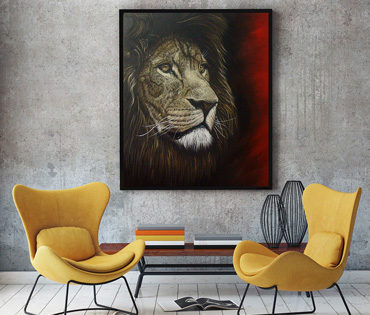 A Nicky van Rensburg painting of a lion face with a red background