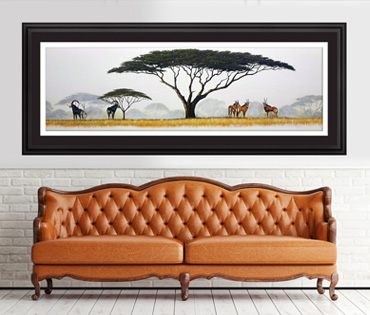 A Nicky van Rensburg painting of five sables under an umbrella thorn tree