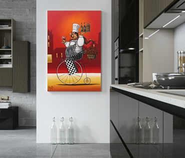 A Nicky van Rensburg painting of a fat chef on a bicycle carrying a glass of red wine