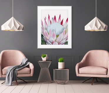 A Nicky van Rensburg painting of a close-up pink protea
