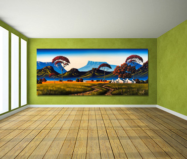 A Nicky van Rensburg painting of a colourful landscape with red Acacia trees, mountains and a farm house