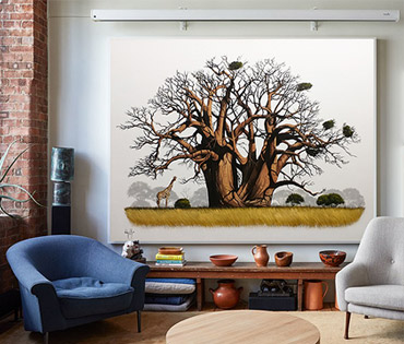 A Nicky van Rensburg painting of a giraffe under a baobab tree
