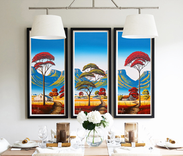 A Nicky van Rensburg triptych of a colourful landscape