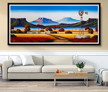A Nicky van Rensburg painting of a landscape with windmill