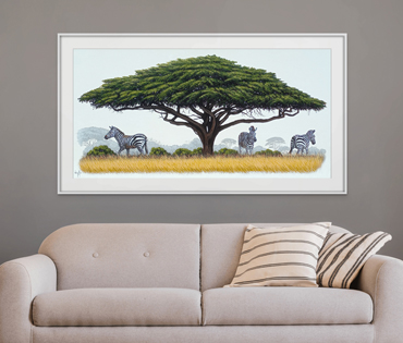 A Nicky van Rensburg painting of zebras under an acacia tree